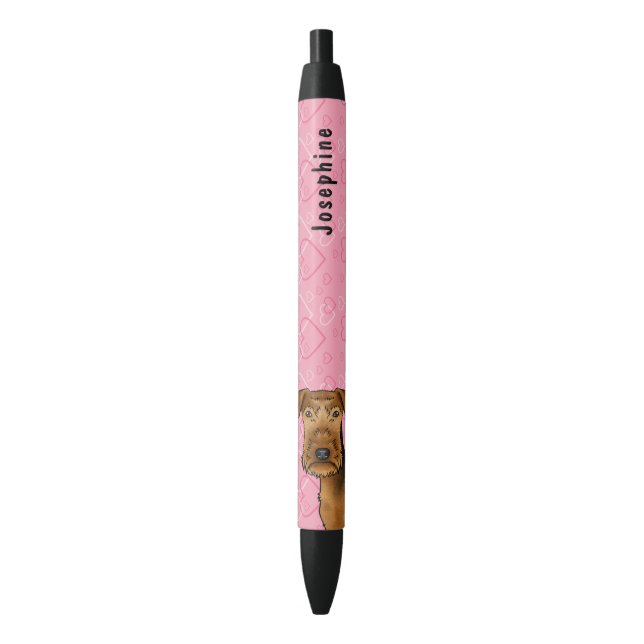 Stylo Noir Airedale Terrier Cartoon Chien Tête Avec Coeurs Ro (devant Vertical)