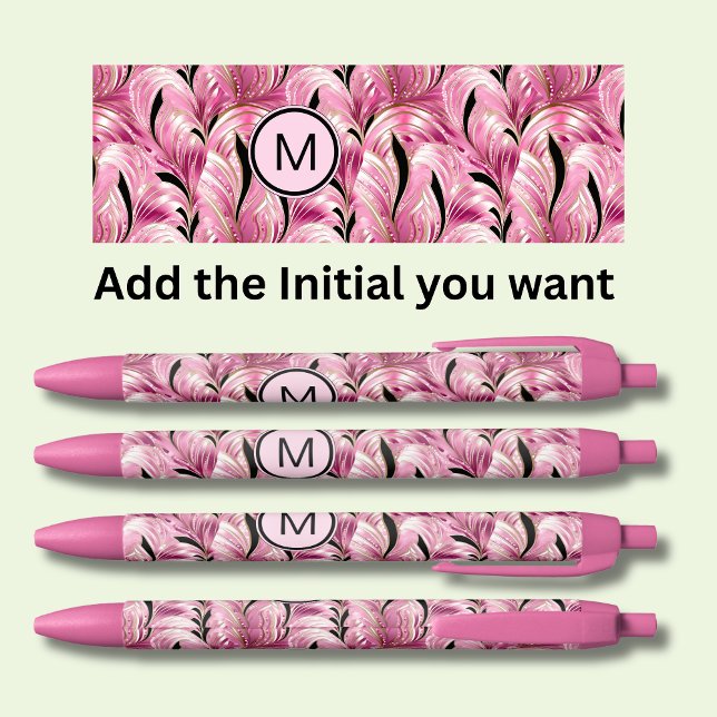 Stylo Noir Ajouter Initiale, Soft Pink Gold Black Swirls Abst (Créateur téléchargé)