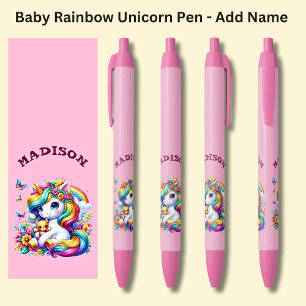 Stylo Noir Ajouter un nom, Baby Rainbow Unicorn sur rose