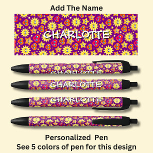 Stylo Noir Ajouter un nom, Coeurs roses Étoiles Soleil Jaune