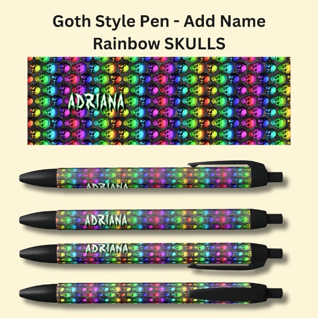 Stylo Noir Ajouter un nom, Goth Gothic Rainbows Skuls sur Bla (Créateur téléchargé)