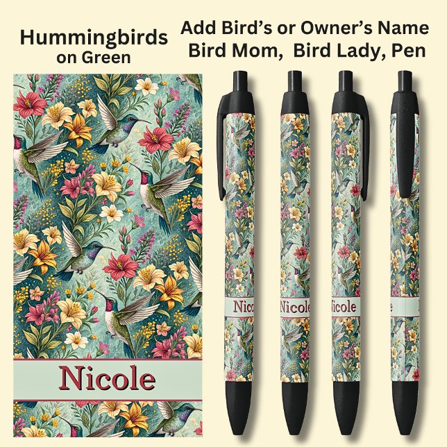 Stylo Noir Ajouter un nom, Hummingbirds on Green (Créateur téléchargé)