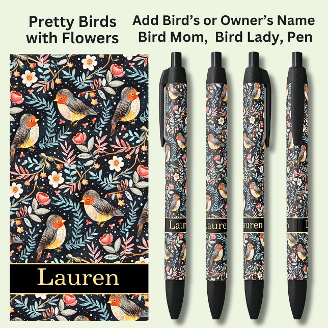 Stylo Noir Ajouter un nom, Oiseaux avec fleurs (Créateur téléchargé)
