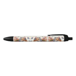 Stylo Noir Amoureux des chats Chat calicot Floral Écriture