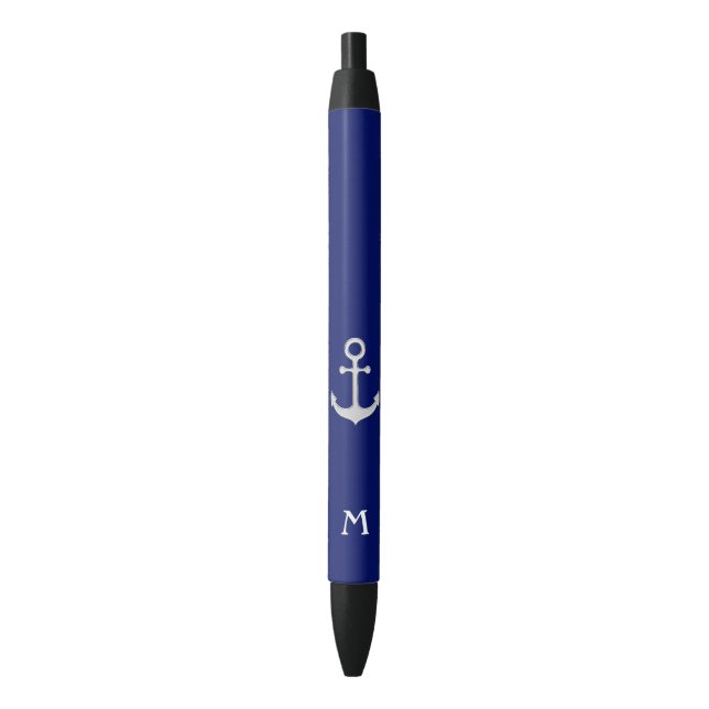 Stylo Noir Ancre d'argent nautique et monogramme (devant Vertical)