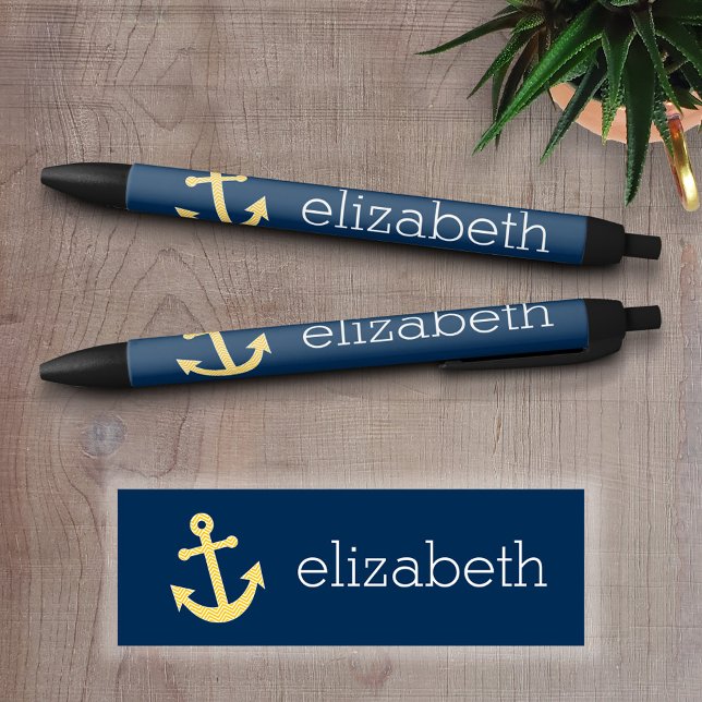 Stylo Noir Ancre nautique avec Motif de Navy Jaune Chevron (Personalized Writing Pens)
