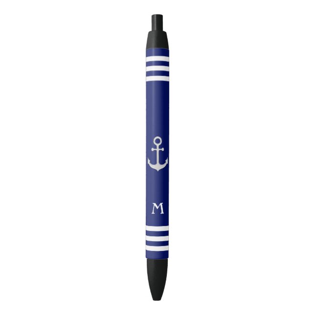 Stylo Noir Ancre nautique et Monogramme sur Arrière - plan bl (devant Vertical)