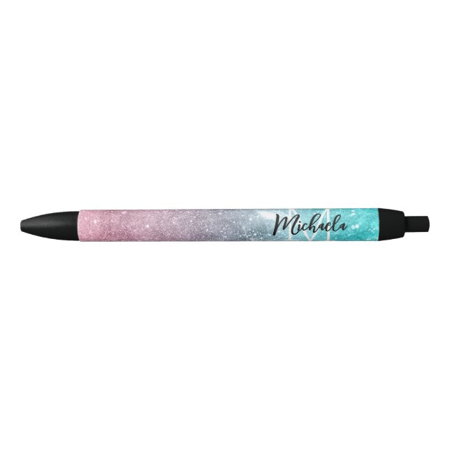 Stylo Noir Aqua blue Pink ombre mer galaxie abstraite Monogra (Devant)