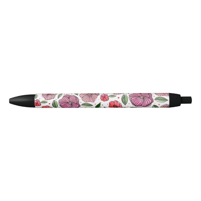 Stylo Noir Aquarelle et fleurs d'encre - rose et vert (Devant)