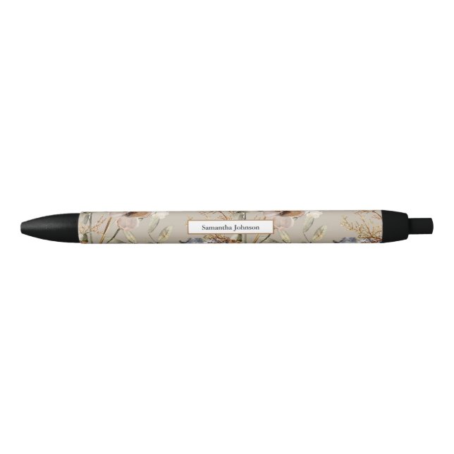 Stylo Noir Aquarelle florale Fleurs sauvages d'automne (Devant)