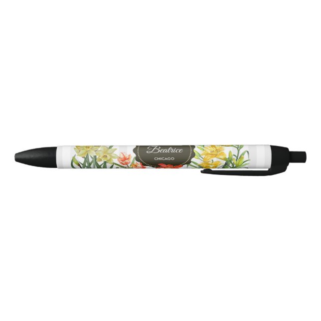 Stylo Noir Aquarelle Jaune Orange Fleurs de printemps (Bas)