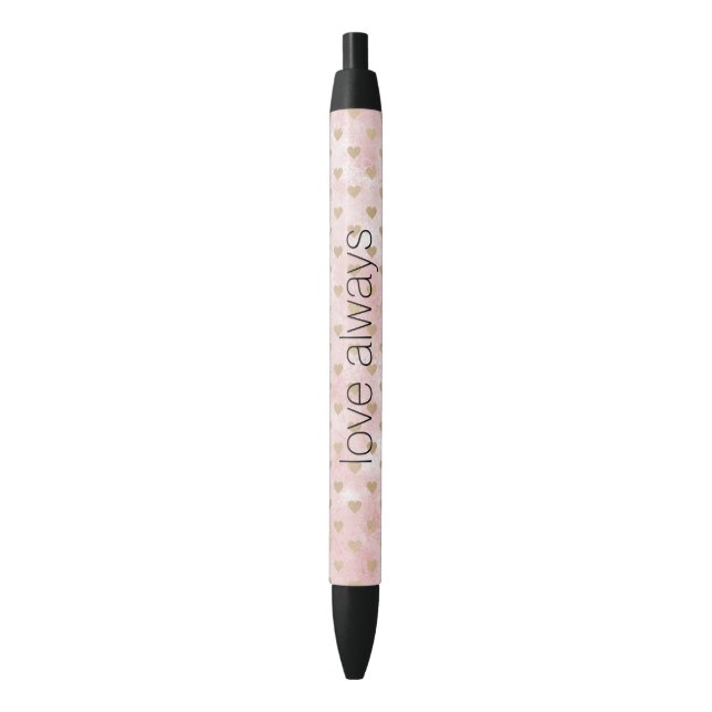 Stylo Noir Aquarelle rose pâle Coeurs d'or (devant Vertical)
