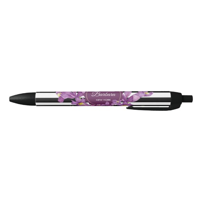 Stylo Noir Aquarelle violet Iris noir blanc Motif (Bas)