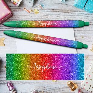 Stylo Noir Arc-en-ciel Coloré Paillettes Nom Personnalisé