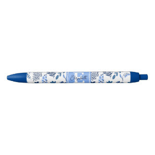 Stylo Noir Art Botanique Moderne Folk Fleurs Bleues Monogramm
