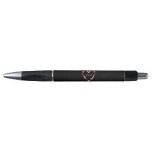 Stylo Noir avec un cœur floral rose et rouge
