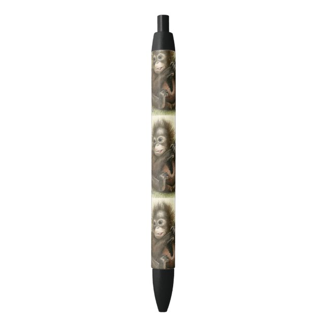 Stylo Noir Bébé d'orang-outan avec le feuille (devant Vertical)