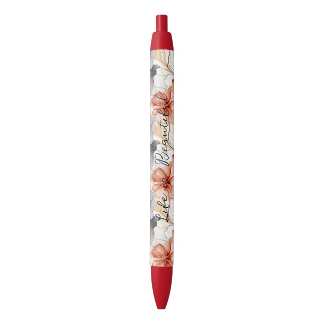 Stylo Noir Belle Pêche féminine Bleu et Blanc Floral (devant Vertical)