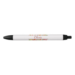 Stylo Noir Belles fleurs colorées d'aquarelle
