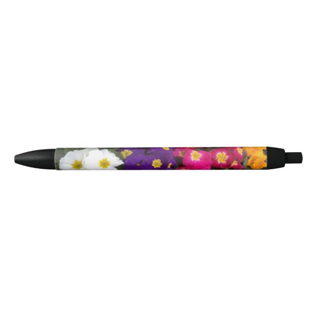 Stylo Noir Belles fleurs de Polyanthus brillantes (Devant)