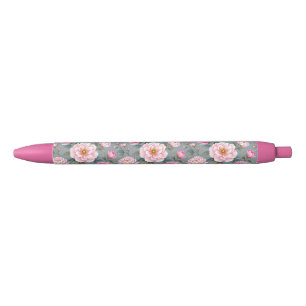 Stylo Noir Belles fleurs roses en fleurs