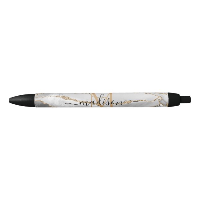 Stylo Noir Blanc Chic Monogramme en Paillettes d'Or Agate Nom (Devant)