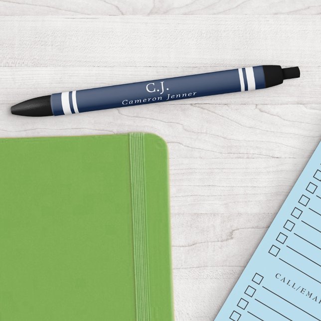 Stylo Noir Bleu marine lignes blanches monogrammées (Créateur téléchargé)