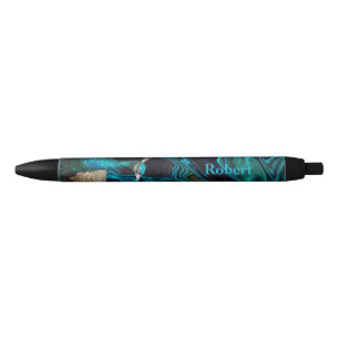 Stylo Noir Bleu paon et vert moderne élégant nom personnalisé