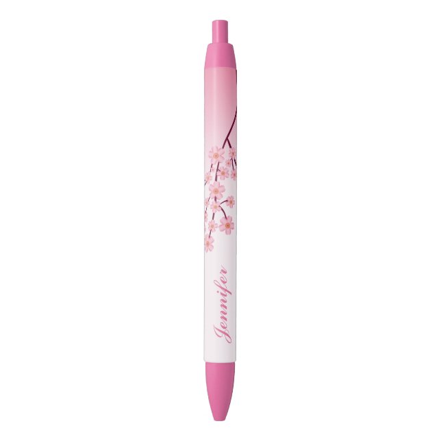 Stylo Noir Branche Sakura Rose Avec Nom Personnalisé (devant Vertical)