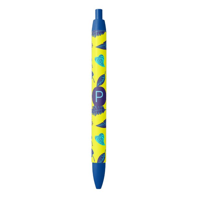 Stylo Noir Bright Yellow Tropical Leaf Pattern Monogram (devant Vertical)