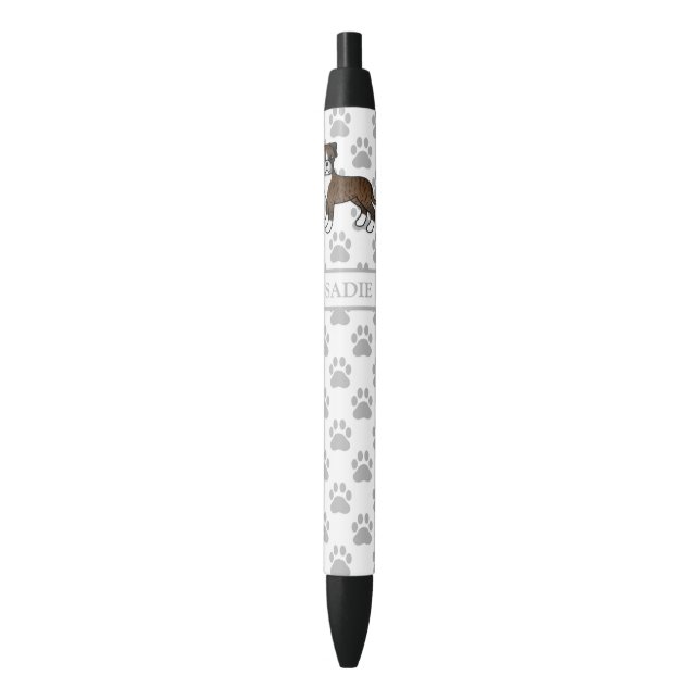 Stylo Noir Brindle Boxer Chien Avec Nom Et Pâtes Gris (devant Vertical)