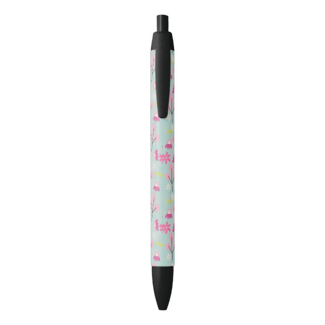 Stylo Noir Bunnies et fleurs roses (Dos (Vertical))
