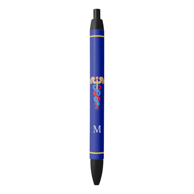Stylo Noir Caduceus & Monogramme sur Arrière - plan bleu (devant Vertical)