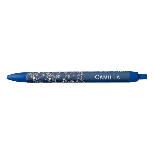 Stylo Noir Camellia Flowers Navy Blue Custom Name  (Devant)