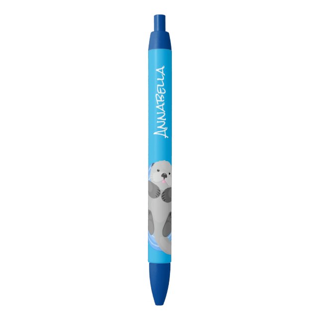 Stylo Noir Caricature bleu loutre de mer joyeux (devant Vertical)