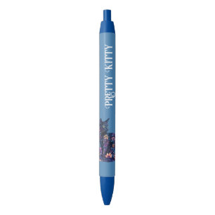 Stylo Noir Chat bleu noir Fleurs Joli Minou