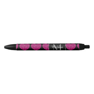 Stylo Noir Chaud coeur rose faux pétille motif Monogramme