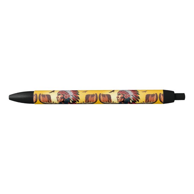 Stylo Noir Chef amérindien sur paysage sauvage coucher de sol (Devant)