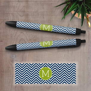 Stylo Noir Chevrons bleu marine et vert citron Monogramme per
