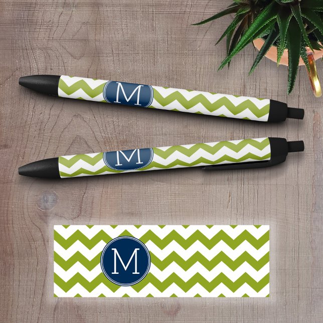 Stylo Noir Chevrons bleu marine et vert citron Monogramme per (Personalized Writing Pens)