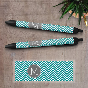 Stylo Noir Chevrons turquoises au charbon de bois Monogramme