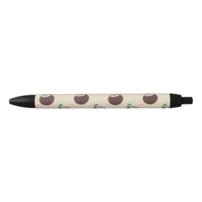Stylo Noir Cocktail de noix de coco avec motif de paille - Pl (Devant)