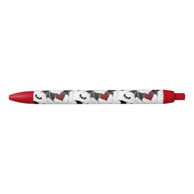 Stylo Noir Coeur d'Halloween avec ailes de chauve-souris noir (Devant)