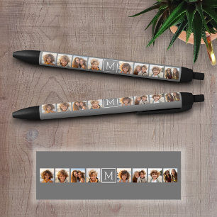 Stylo Noir Collage photo personnalisé Monogramme Charbon Blan