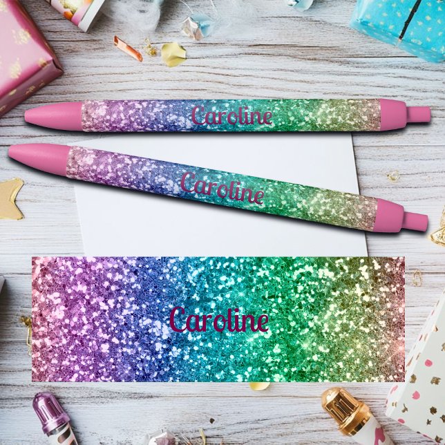 Stylo Noir Colorful Rainbow Glitter Custom Name (Créateur téléchargé)