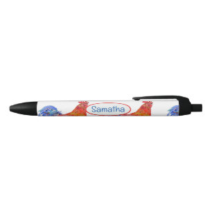 Stylo Noir Coq Rouge Bleu Nom de Filles Aquarelle