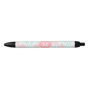 Stylo Noir Corail décoré d'un monogramme et damassé floral