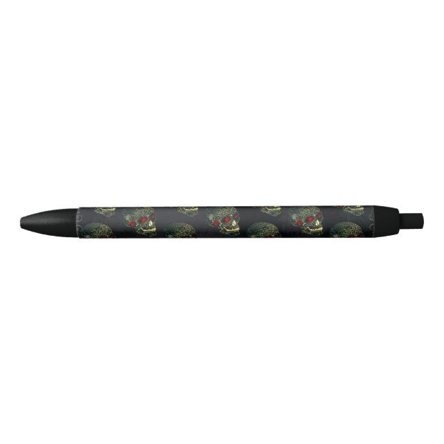 Stylo Noir Crâne de araignée et roses glamour gothique (Devant)