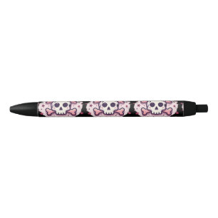 Stylo Noir Crâne et Os en Rose Pastel
