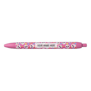 Stylo Noir Crânes de sucre jolies et mignonnes sur rose Perso